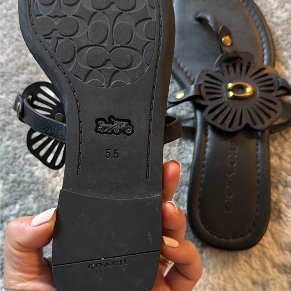 Coach Black Leather Floral Cutout Sandal with Gold Accent - Picture 2 of 3